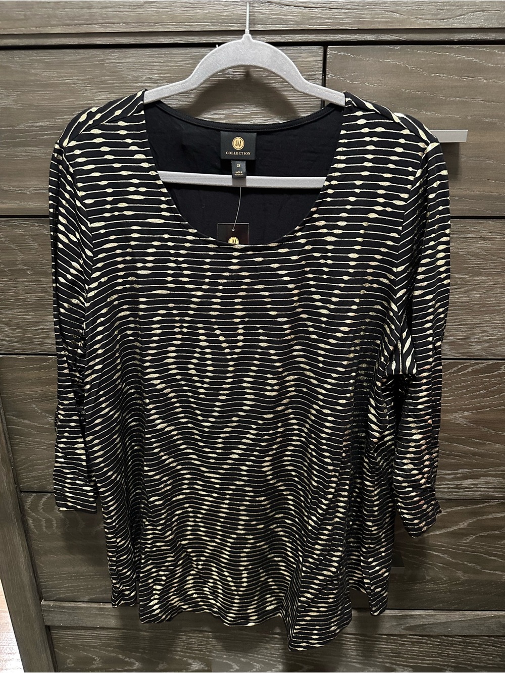 JM Collection Black and Cream Patterned Scoop Neck Long-Sleeve Top
